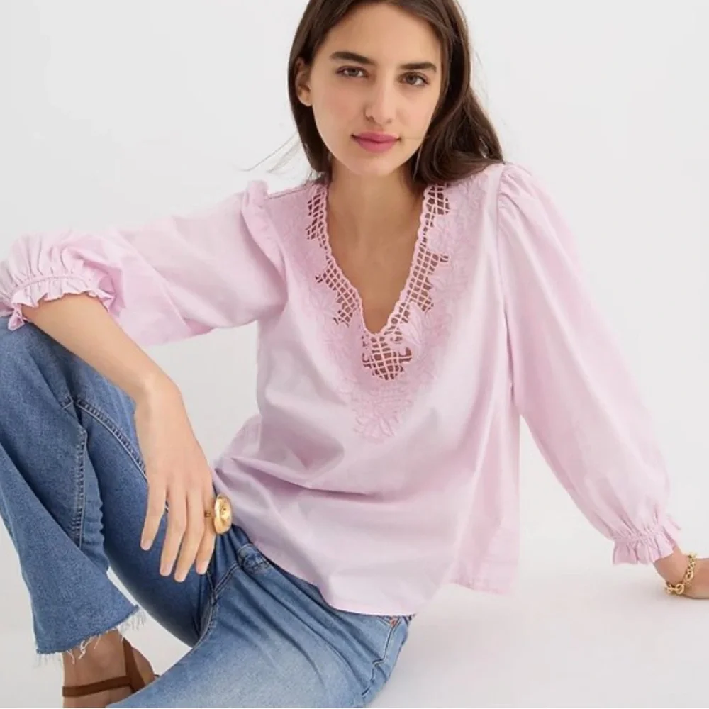 J. Crew Light Pink Lace-Trim V-Neck Blouse